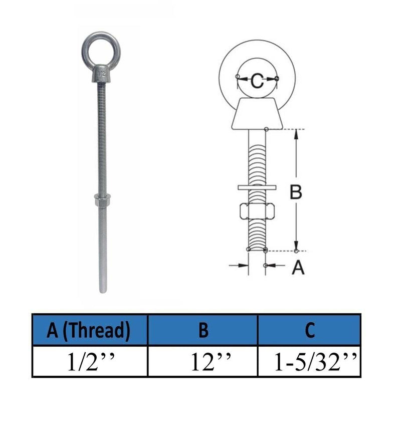 Marine T316 Stainless Steel 1/2" x 12" Shoulder Eye Bolt 2,000 Lbs WLL