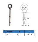 Marine T316 Stainless Steel 3/4" x 12" Shoulder Eye Bolt 4,700 Lbs WLL