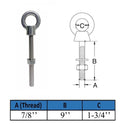 Marine T316 Stainless Steel 7/8" x 9" Shoulder Eye Bolt 5,800 Lbs WLL
