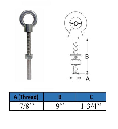 Marine T316 Stainless Steel 7/8" x 9" Shoulder Eye Bolt 5,800 Lbs WLL