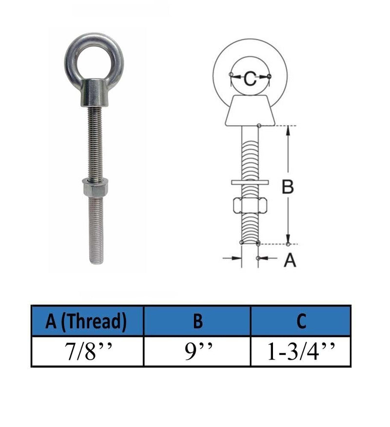 Marine T316 Stainless Steel 7/8" x 9" Shoulder Eye Bolt 5,800 Lbs WLL