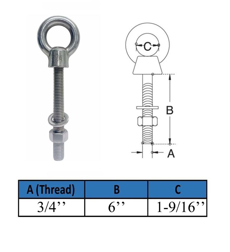 Marine T316 Stainless Steel 3/4" x 6" Shoulder Eye Bolt 4,700 Lbs WLL