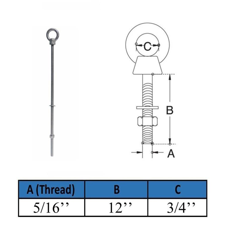 4 Pcs Marine T316 Stainless Steel 5/16" x 12 Shoulder Eye Bolt 800 Lbs WLL