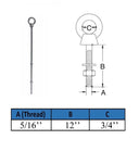 Marine T316 Stainless Steel 5/16" x 12 Shoulder Eye Bolt 800 Lbs WLL