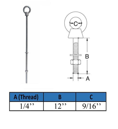 Marine T316 Stainless Steel 1/4" x 12" Shoulder Eye Bolt 400 Lbs WLL
