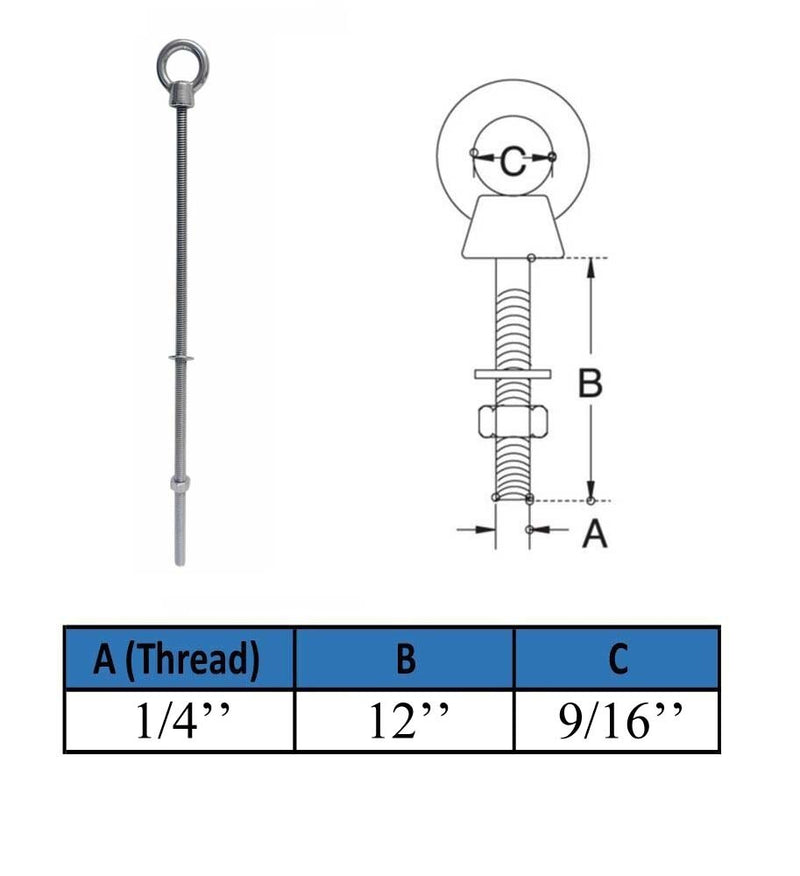 Marine T316 Stainless Steel 1/4" x 12" Shoulder Eye Bolt 400 Lbs WLL