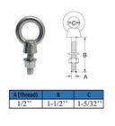 Marine T316 Stainless Steel 1/2" x 1-1/2" Shoulder Eye Bolt 2,000 Lbs WLL