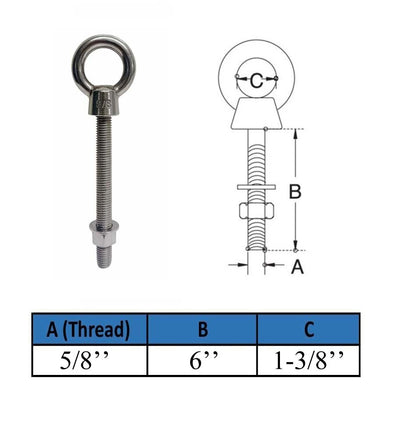 Marine T316 Stainless Steel 5/8" x 6" Shoulder Eye Bolt 3,200 Lbs WLL