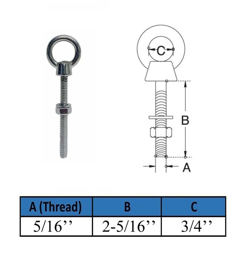4 Pcs Marine T316 Stainless Steel 5/16" x 2-5/16" Shoulder Eye Bolt 800 Lbs WLL