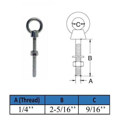 Marine T316 Stainless Steel 1/4" x 2-5/16" Shoulder Eye Bolt 400 Lbs WLL