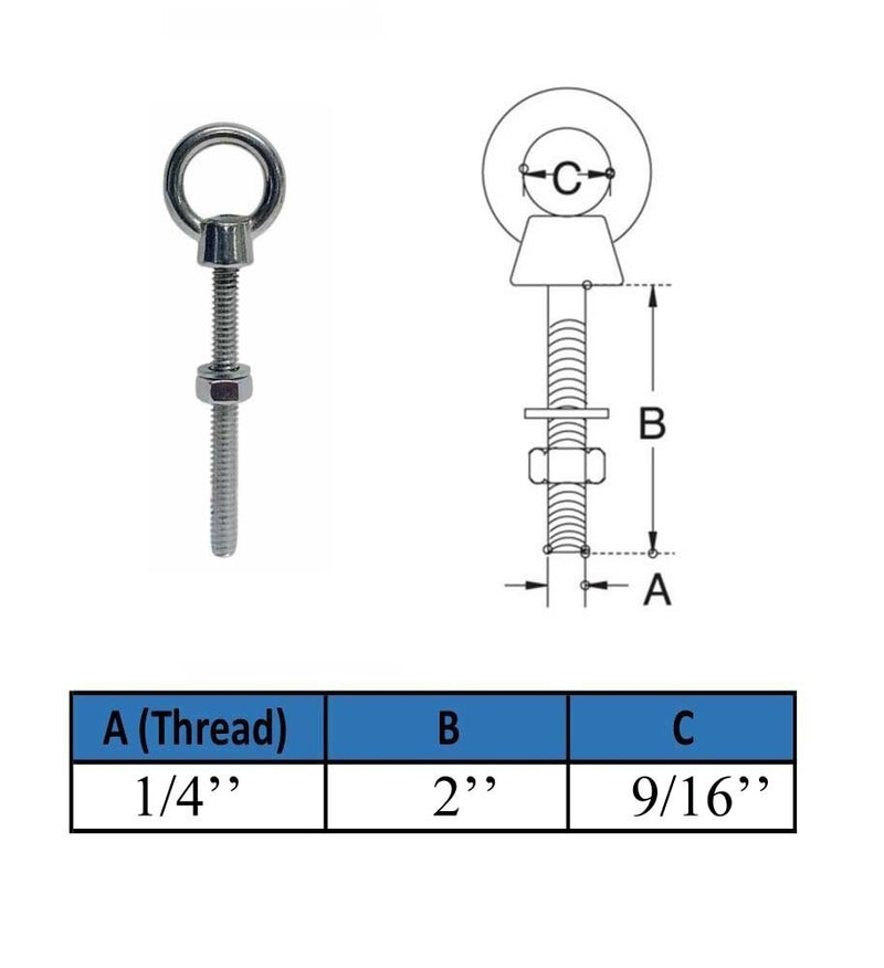 Marine T316 Stainless Steel 1/4" x 2" Shoulder Eye Bolt 400 Lbs WLL