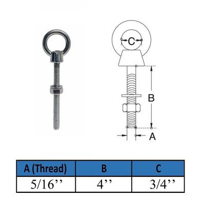 4 Pcs Marine T316 Stainless Steel 5/16" x 4" Shoulder Eye Bolt 800 Lbs WLL
