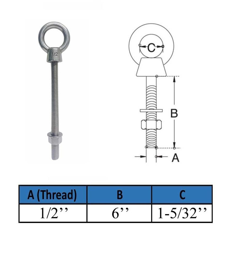 Marine T316 Stainless Steel 1/2" x 6" Shoulder Eye Bolt 2,000 Lbs WLL