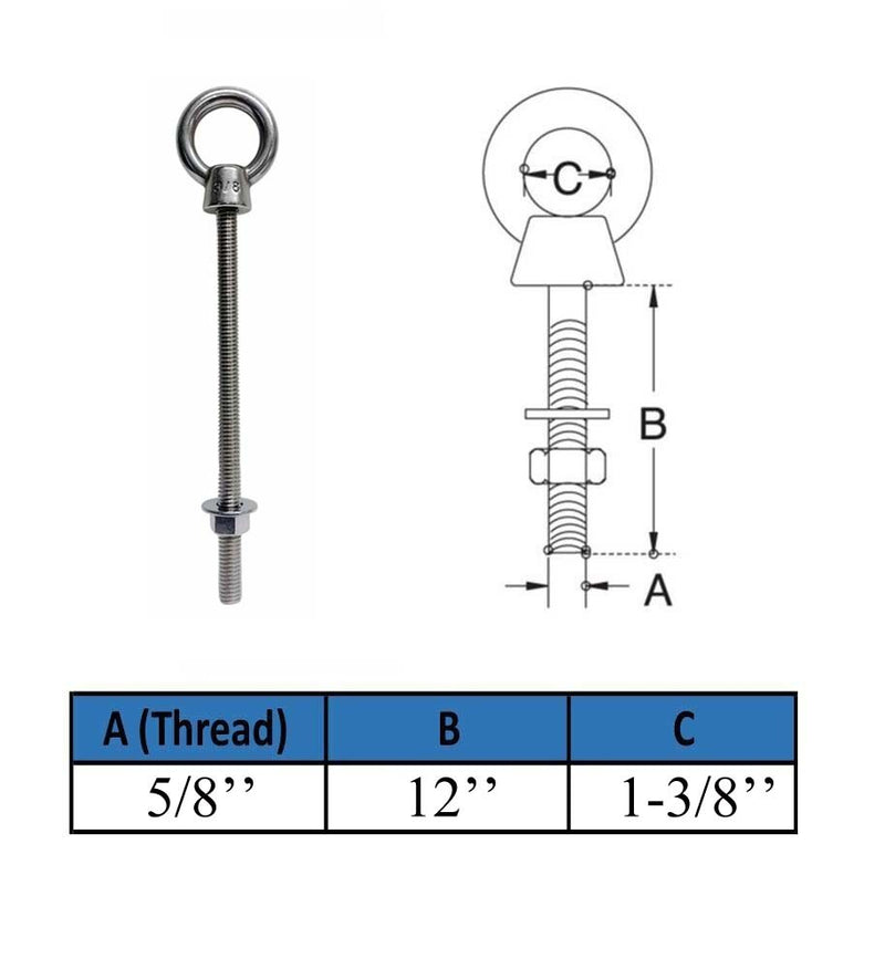 4 Pcs Marine T316 Stainless Steel 3/8" x 6" Shoulder Eye Bolt 1,000 Lbs WLL