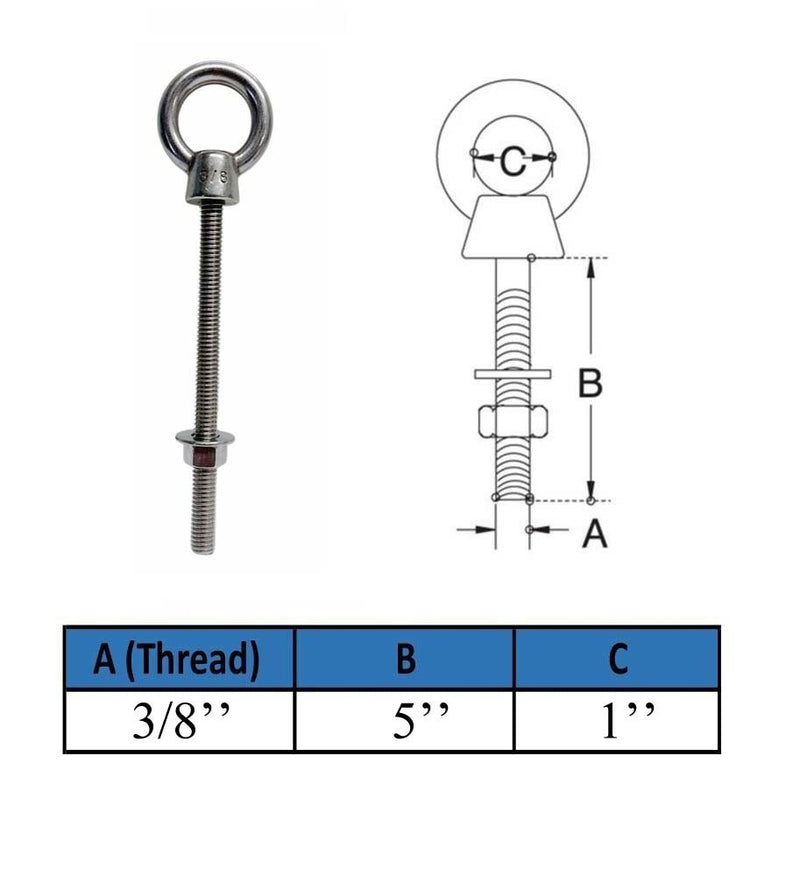 4 Pcs Marine T316 Stainless Steel 3/8" x 5" Shoulder Eye Bolt 1,000 Lbs WLL
