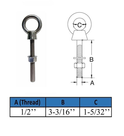 Marine T316 Stainless Steel 1/2" x 3-3/16" Shoulder Eye Bolt 2,200 Lbs WLL