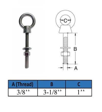 4 Pcs Marine T316 Stainless Steel 3/8" x 3-1/8" Shoulder Eye Bolt 1,000 Lbs WLL