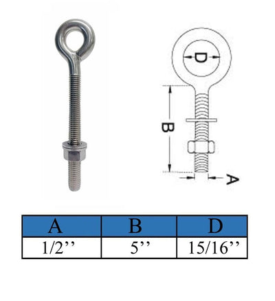 4 Pcs Marine T316 Stainless Steel 1/2" x 5" Shoulder Eye Bolt 1,800 Lbs WLL