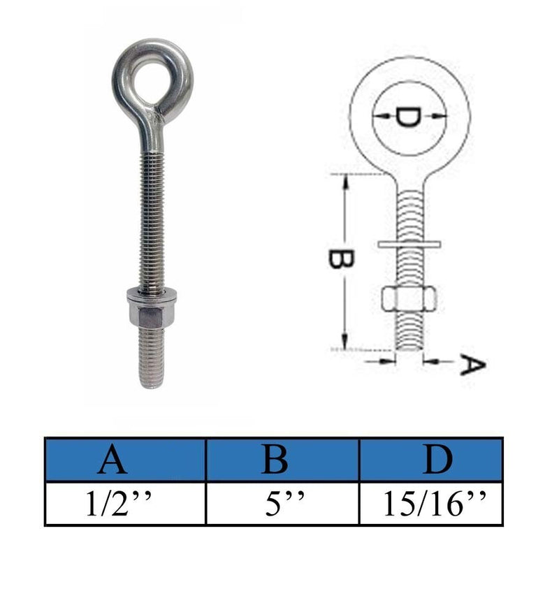Marine T316 Stainless Steel 1/2" x 5" Shoulder Eye Bolt 1,800 Lbs WLL