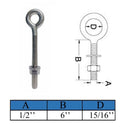 4 Pcs Marine T316 Stainless Steel 1/2" x 6" Welded Plain Eye Bolt 1,800 Lbs WLL