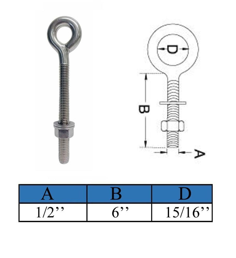 Marine T316 Stainless Steel 1/2" x 6" Shoulder Eye Bolt 1,800 Lbs WLL