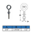 Marine T316 Stainless Steel 1/4" x 1-9/16" Welded Plain Eye Bolt 400 Lbs WLL