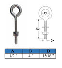 Marine T316 Stainless Steel 1/2" x 4" Welded Plain Eye Bolt 1,800 Lbs WLL