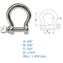 Marine T316 Stainless Steel 3/8" Screw Pin Anchor Rigging Bow Shackle 1,000 Lbs WLL
