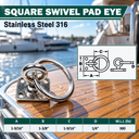Marine Stainless Steel T304 Square Swivel Pad Eye with Ring, Welded Formed Anchor Plate for Boat, Dock, Tie Down, Rope - PACK 4