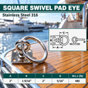 Marine Stainless Steel T304 Square Swivel Pad Eye with Ring, Welded Formed Anchor Plate for Boat, Dock, Tie Down, Rope - PACK 4