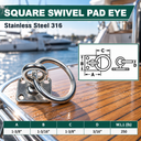 Marine Stainless Steel T304 Square Swivel Pad Eye with Ring, Welded Formed Anchor Plate for Boat, Dock, Tie Down, Rope - PACK 4
