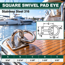 Marine Boat T304 Stainless Steel Square Pad Eye Plate with Welded Ring, Tie Down Anchor Hardware for Rigging, Dock, Deck - PACK 4