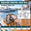 Marine Boat T304 Stainless Steel Square Pad Eye Plate with Welded Ring, Tie Down Anchor Hardware for Rigging, Dock, Deck - PACK 4