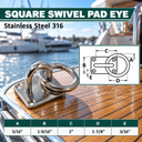 Marine Boat T304 Stainless Steel Square Pad Eye Plate with Welded Ring, Tie Down Anchor Hardware for Rigging, Dock, Deck - PACK 4