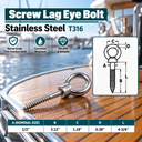 Marine Grade T316 Stainless Steel Lag Eye Bolt Screw, Heavy Duty Eye Screw Hook for Boat, Dock, Deck, Wood Mounting - PACK 5