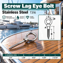 Marine Grade T316 Stainless Steel Lag Eye Bolt Screw, Heavy Duty Eye Screw Hook for Boat, Dock, Deck, Wood Mounting - PACK 5