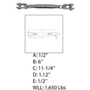 Marine T316 Stainless Steel Toggle and Toggle Pipe Turnbuckle, Cable Wire Rope Tensioner for Boat, Dock, Deck - PACK 4