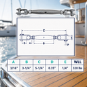 Marine T316 Stainless Steel Toggle and Toggle Pipe Turnbuckle, Cable Wire Rope Tensioner for Boat, Dock, Deck - PACK 4