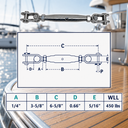 Marine T316 Stainless Steel Toggle and Toggle Pipe Turnbuckle, Cable Wire Rope Tensioner for Boat, Dock, Deck - PACK 4