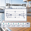 Marine T316 Stainless Steel Toggle and Toggle Pipe Turnbuckle, Cable Wire Rope Tensioner for Boat, Dock, Deck - PACK 4