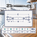 Marine T316 Stainless Steel Toggle and Toggle Pipe Turnbuckle, Cable Wire Rope Tensioner for Boat, Dock, Deck - PACK 4