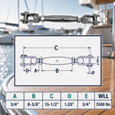 Marine T316 Stainless Steel Toggle and Toggle Pipe Turnbuckle, Cable Wire Rope Tensioner for Boat, Dock, Deck - PACK 4