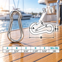 T316 Stainless Steel Carabiner Spring Snap Hook, Marine Grade Clip Connector for Rope, Chain, Cable, Boat - PACK 5