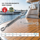 Mil-Spec T316 Stainless Steel Drop Forged Eye Eye Lifting Turnbuckle, Marine Grade Rigging Tensioner for Cable and Chain