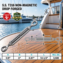 Mil-Spec T316 Stainless Steel Drop Forged Eye Eye Lifting Turnbuckle, Marine Grade Rigging Tensioner for Cable and Chain