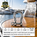 Mil Spec T316 Stainless Steel Forged Load Rated Screw Pin Anchor Shackle, Marine Grade Rigging Shackle for Chain and Cable