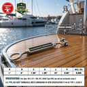 Mil-Spec T316 Stainless Steel Jaw Eye Turnbuckle, Marine Grade Rigging Tensioner for Cable, Chain, Rope, and Boat Hardware