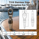 T316 Stainless Steel Swageless Eye Terminal for Cable Railing, Marine Boat Wire Rope End Fitting for Deck, Balcony, Stair, and Dock
