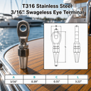 T316 Stainless Steel Swageless Eye Terminal for Cable Railing, Marine Boat Wire Rope End Fitting for Deck, Balcony, Stair, and Dock