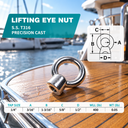 Boat Marine 316 Stainless Steel Lifting Eye Nut, UNC Tap Thread Rigging Hardware for Chain, Cable, Rope, and Dock Use - PACK 5